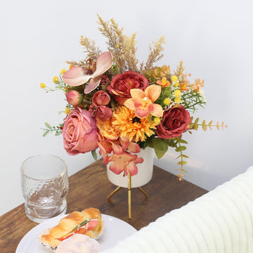 Artificial Flower Arrangement with Ceramic Vase and Gold Metal Stand, Orange and Terracotta Mixed Seasonal Flowers