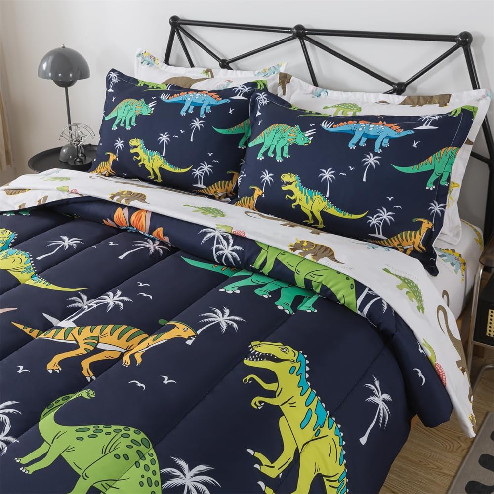 7 Pieces Dinosaur Comforter Full Kids Jungle Dinosaur Bedding Set Bed in A Bag for Boys T-Rex Dino Comforter and