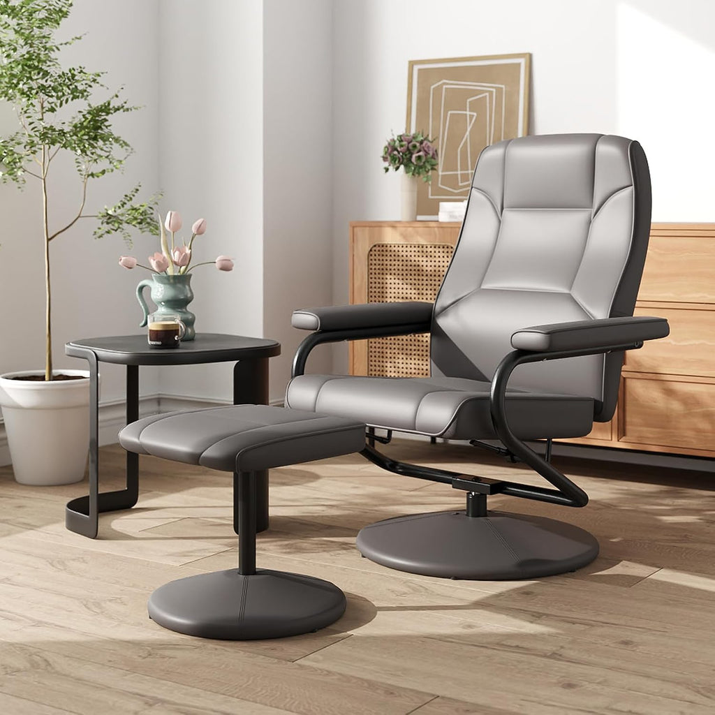 Modern Reclining Swivel Lounge Chair and Ottoman — Black Faux Leather