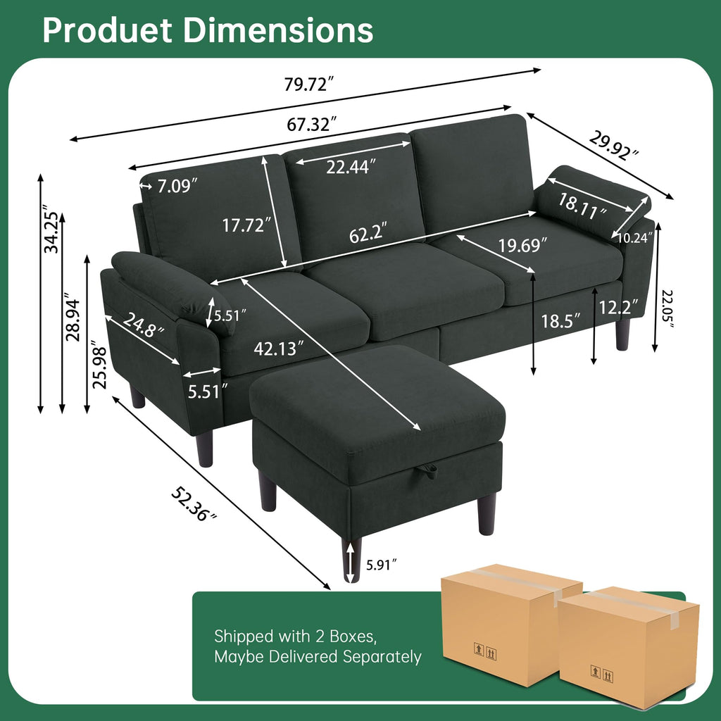 80" L Shaped Couch with Storage Ottoman, Convertible Sectional Couch Set, Modern Linen 3-Seat Sofa with Chaise & Side