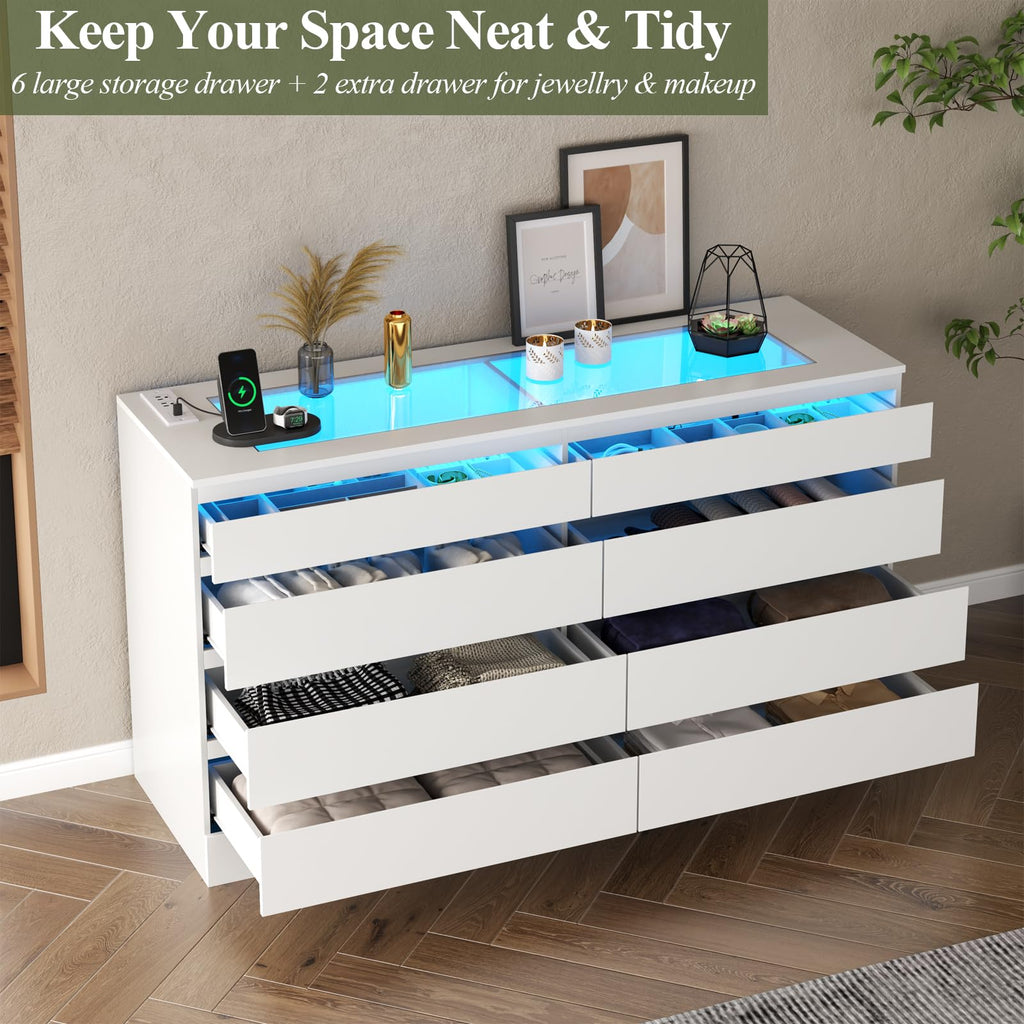 8 Drawer Dresser with Power Outlet, Modern Chest of Drawers with LED Light & Glass Top, Wood Double Dresser TV Stand