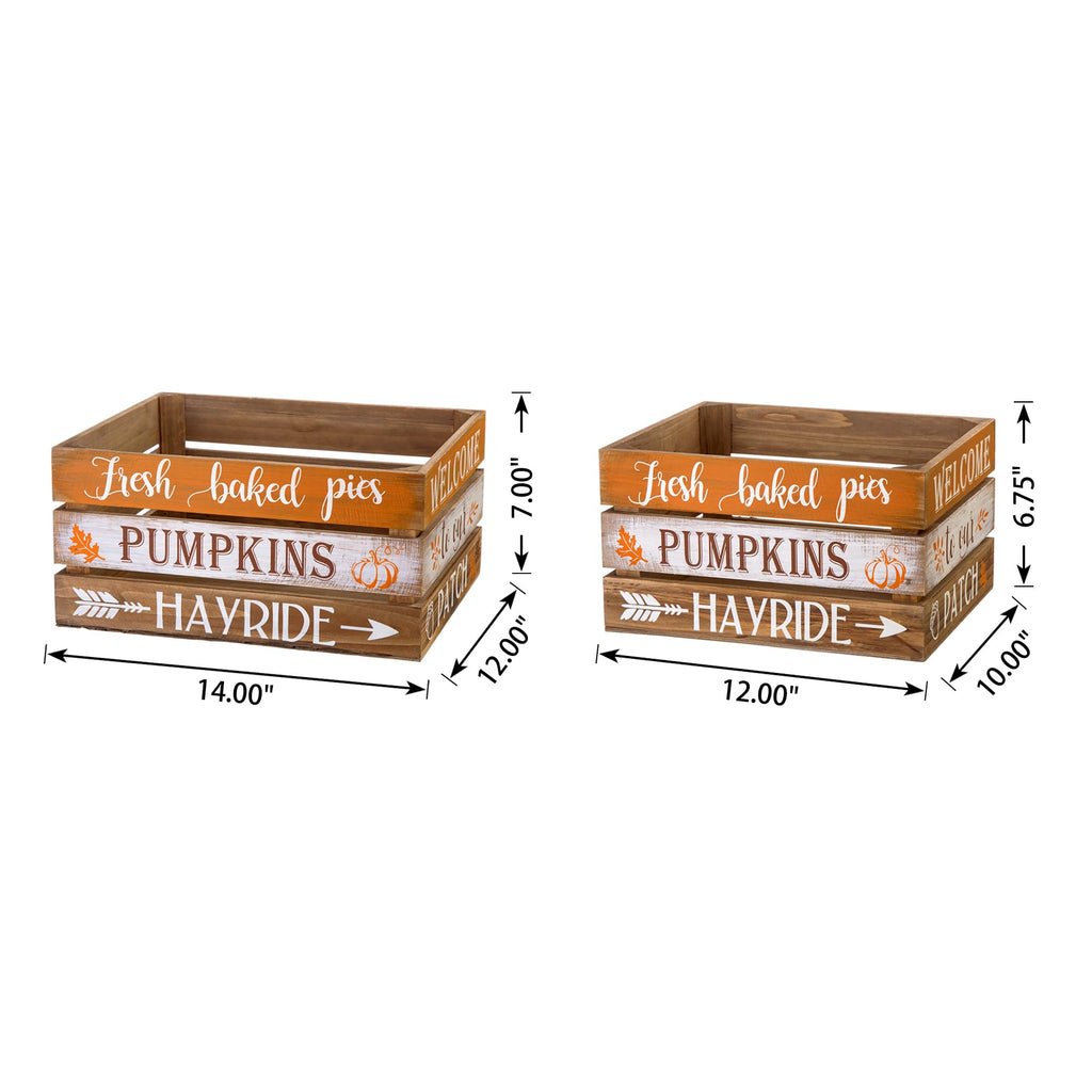 Fall Harvest Wood Crate, Rustic Nesting Wooden Crates Set of 2, Farmhouse Fall Decorative Wood Storage Gift Boxes for