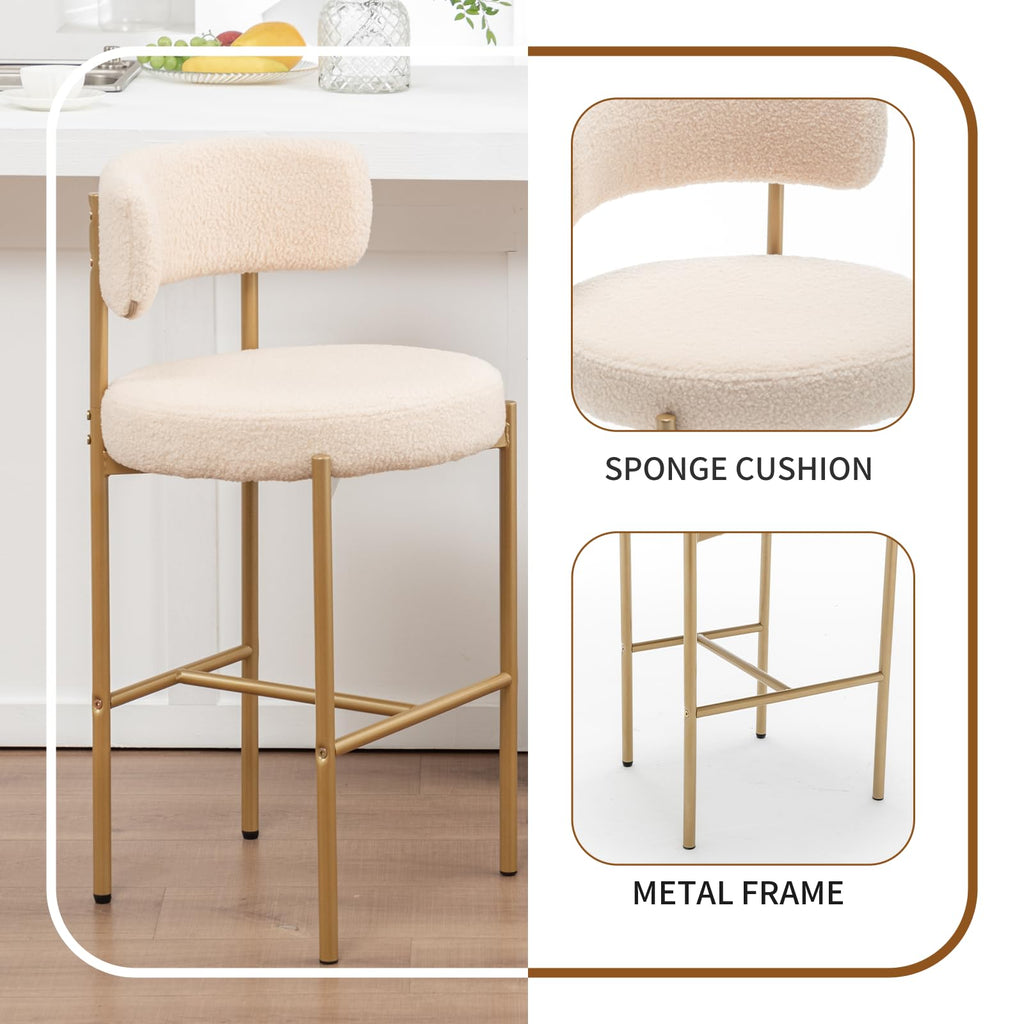 Gold Boucle Bar Stools Set of 2, 26" Modern Counter Stools with Backs, Beige Upholstered Barstools Island, Bar, Cafe