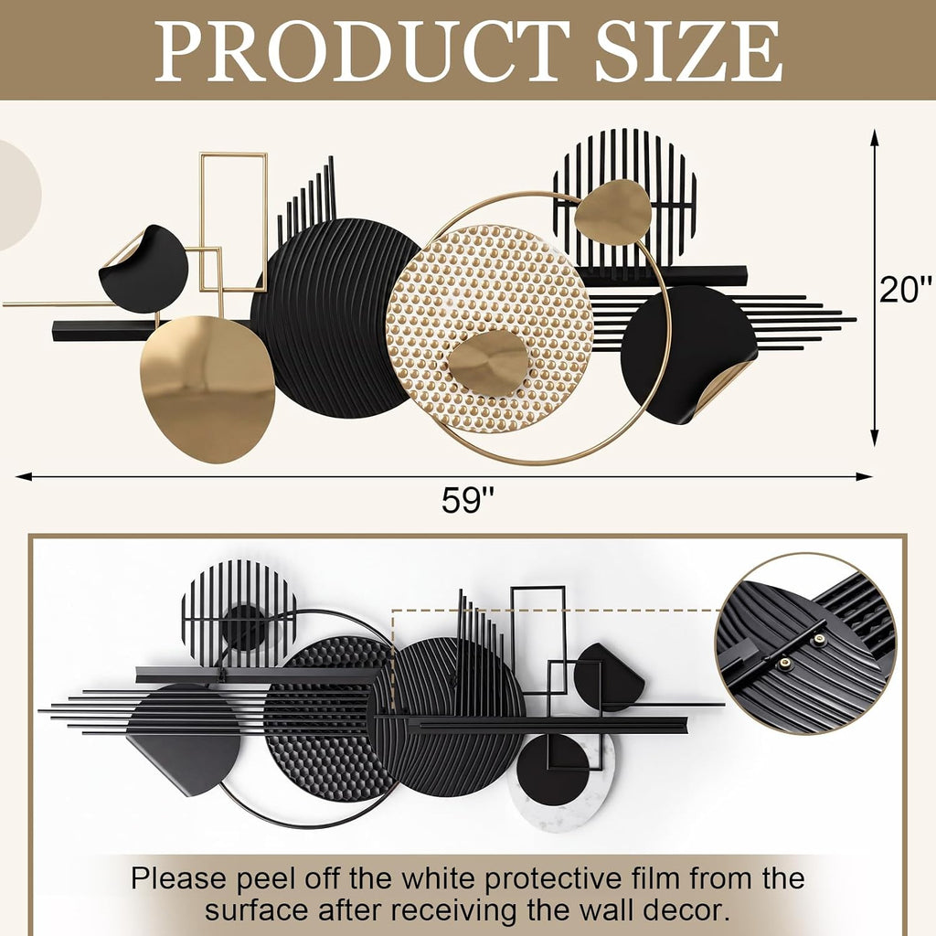 Large Black and Gold Metal Wall Art Decor, Abstract Geometric Metal Wall 3d Decor, 59"x20" Modern Boho Gold and Black