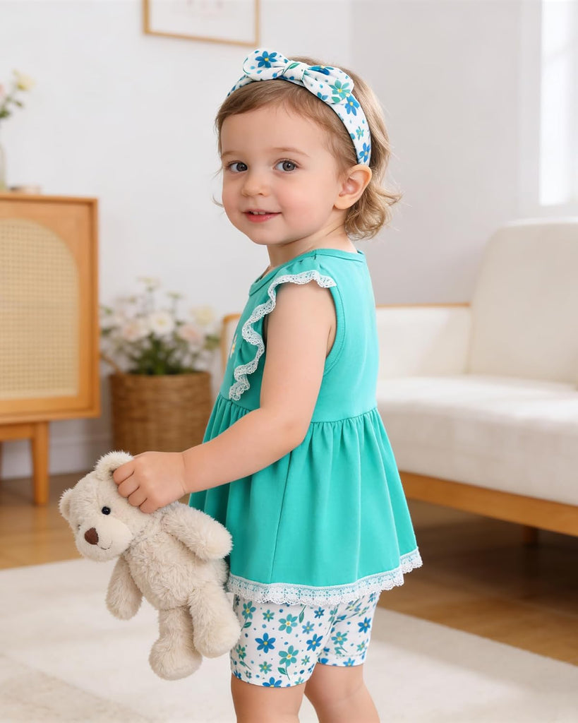 Toddler Baby Girl Shorts Set Summer Clothes 3 Piece Outfit Cute Ruffle Tops + Floral Shorts + Bows Headband