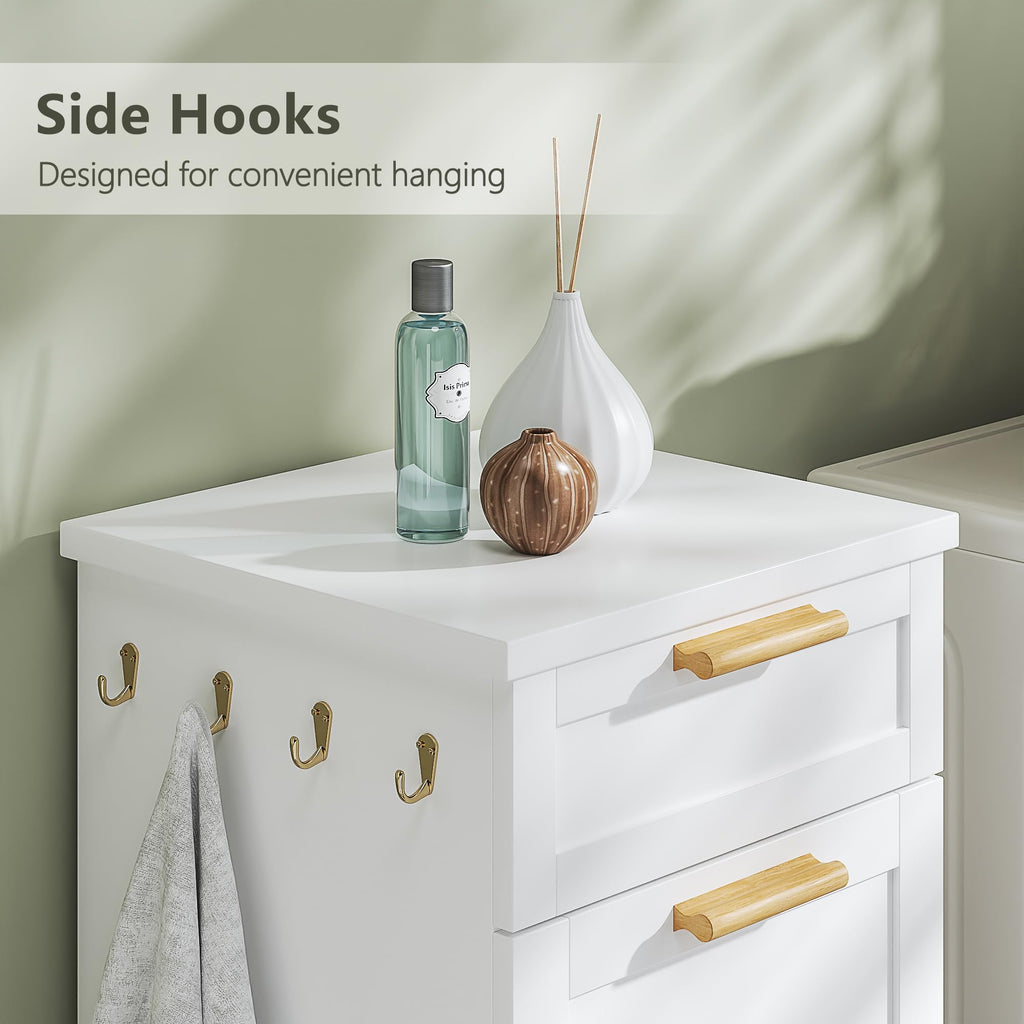 Tilt Out Laundry Hamper, 35" Bathroom Cabinet with Hidden Removable Basket, 1 Drawer and 4 Side Hooks for Storage