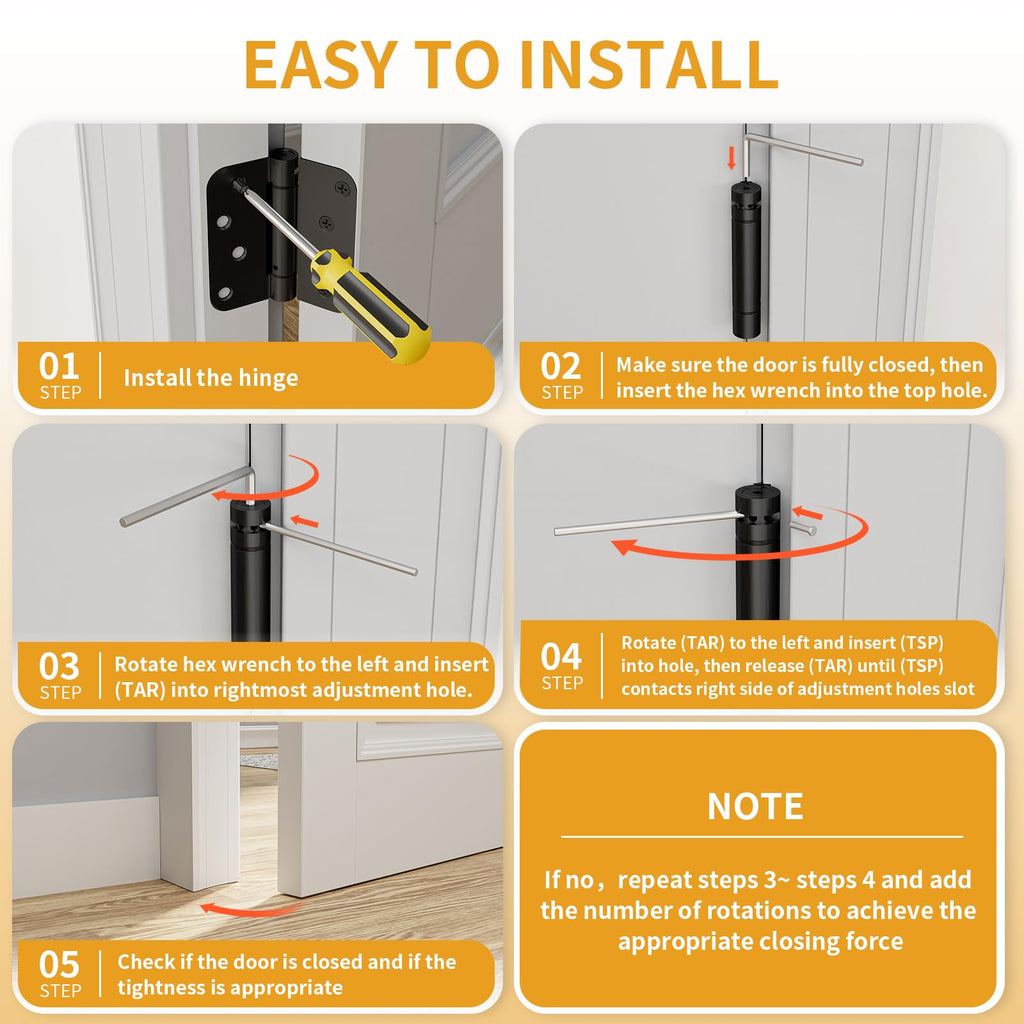 3 Pack Self Closing Door Hinges, 4 Inch, Adjustable Tension, Black