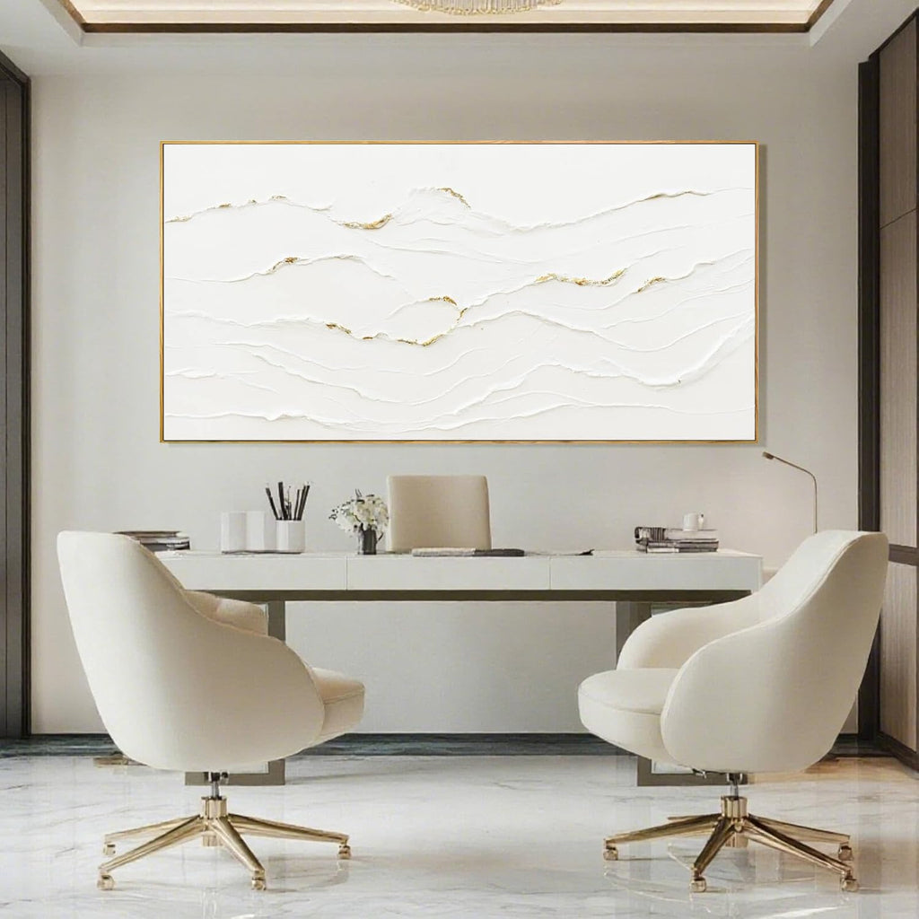 Minimalist White and Gold Line Artwork with Frame Hand Painted Abstract Canvas Wave Wall Art Living Room Office