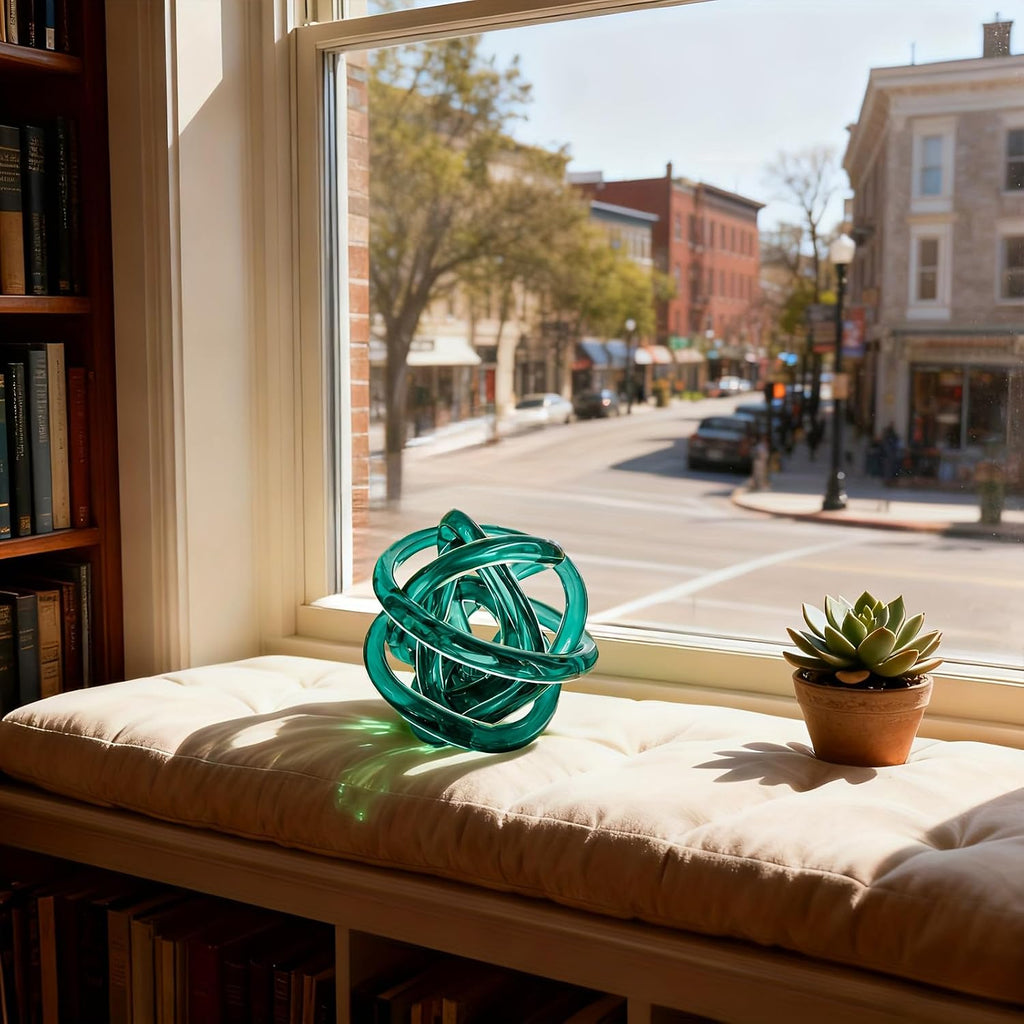 Glass Knot Teal Decor Ball - 5 Inch Hand Blown Infinity Sculpture Orbit Home Decor Table Decoration Interio Art