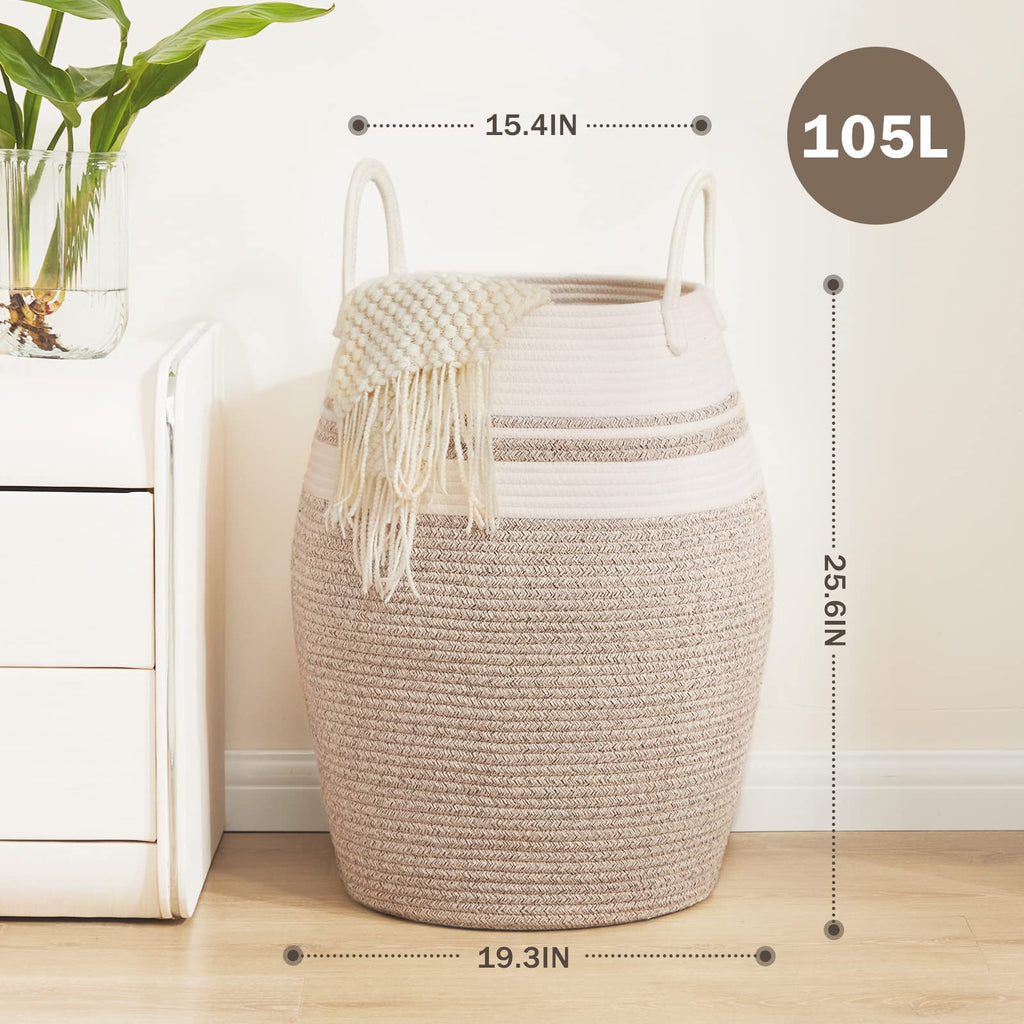 Extra Large Laundry Hamper Basket 105L Woven Blanket Basket, Brown & White