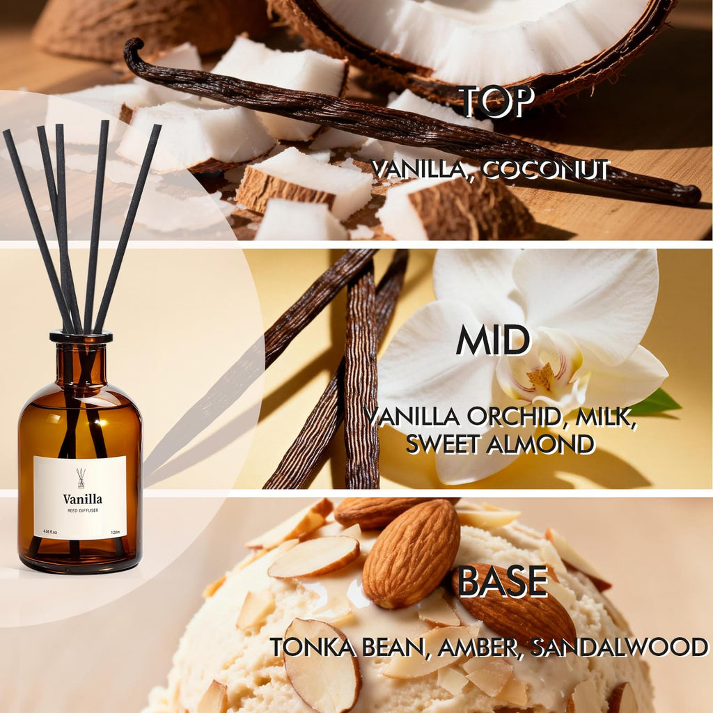 Reed Diffuser Set, 8.12 fl.oz Vanilla Oil Diffuser with 10 Sticks, Home Fragrance Reed Diffuser Shelf Decor & Air