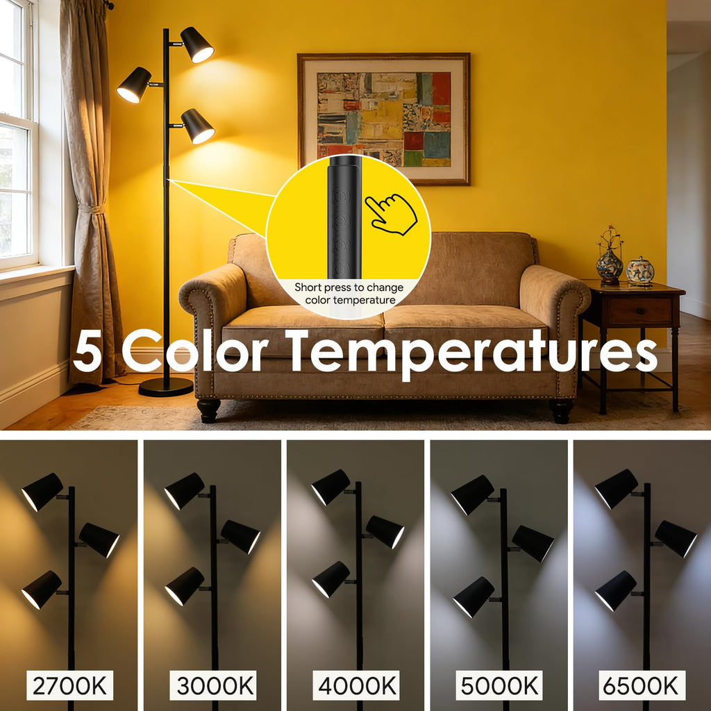 Energetic Dimmable Floor Lamp, Modern LED Tree Lamp, 5 Color Temperature, Standing Light with 3 Adjustable Head