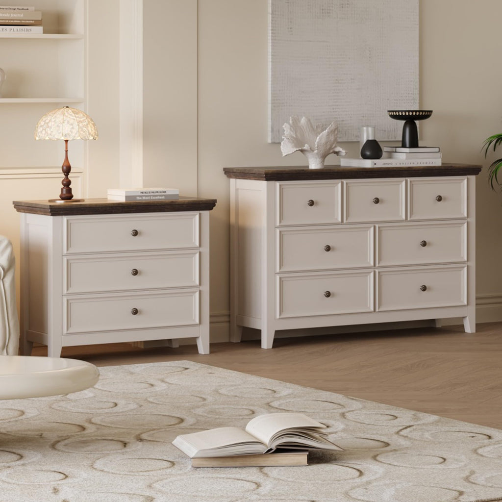 Farmhouse 3-Drawer - 31.5" Wide 3 Chest of Drawers Storage Cabinet as Nightstand or Bedside (Antique White & Brown)