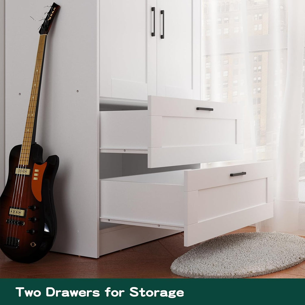 Wood White Wardrobe Closet with 2 Doors and 2 Drawers,Bedroom Freestanding Armoire Storage Cabinet with