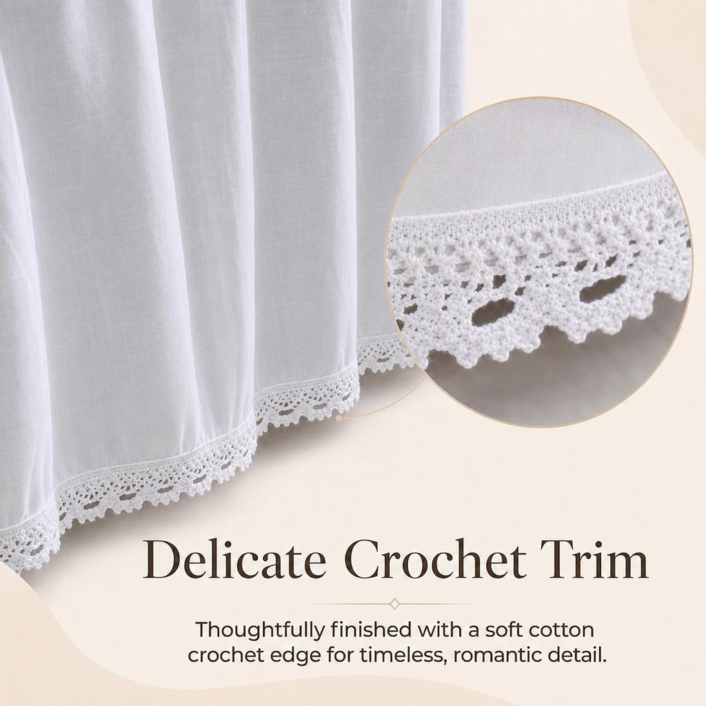 White Bed Skirt King, 14-Inch Drop, 100% Cotton, Split Corners | Crochet trim dust ruffle in lightweight cotton;