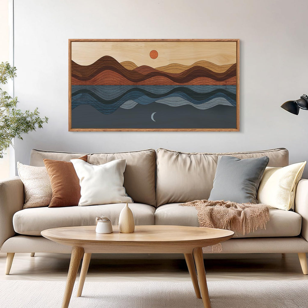 Framed Canvas Wall Art, Sun and Moon Long Horizontal Wall Decor, Mid Century Modern Painting, Vintage Abstract Wave