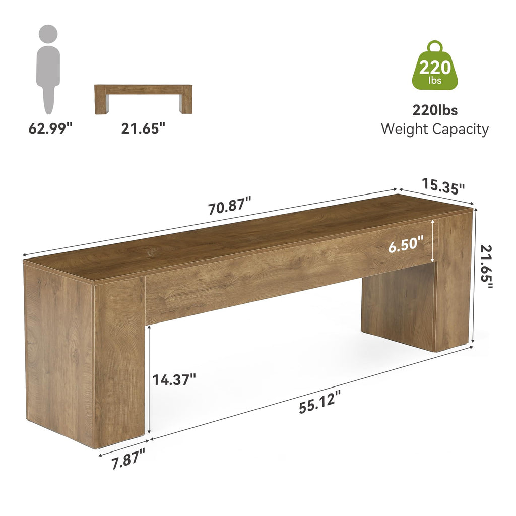 70.8" Long Wooden Bench, Modern Farmhouse Dining Bench, Minimalist Benches, Rustic Brown, Easy Assembly