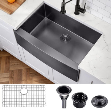33 Inch Black Farmhouse Sink, Black Stainless Steel Farm Sink, Gunmetal Black Farmhouse Kitchen Sink, 9 Inch Deep 16