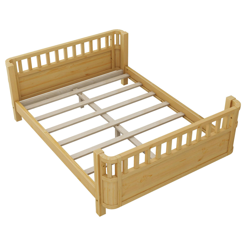 Full Size Wood Floor Bed, Montessori Platform Daybed Frame with Safety Rails & Low Profile, Space Saving U-Shaped