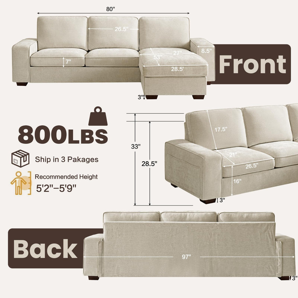 97" L-Shaped Sofa, Sectional Couch with Chaise Storage
