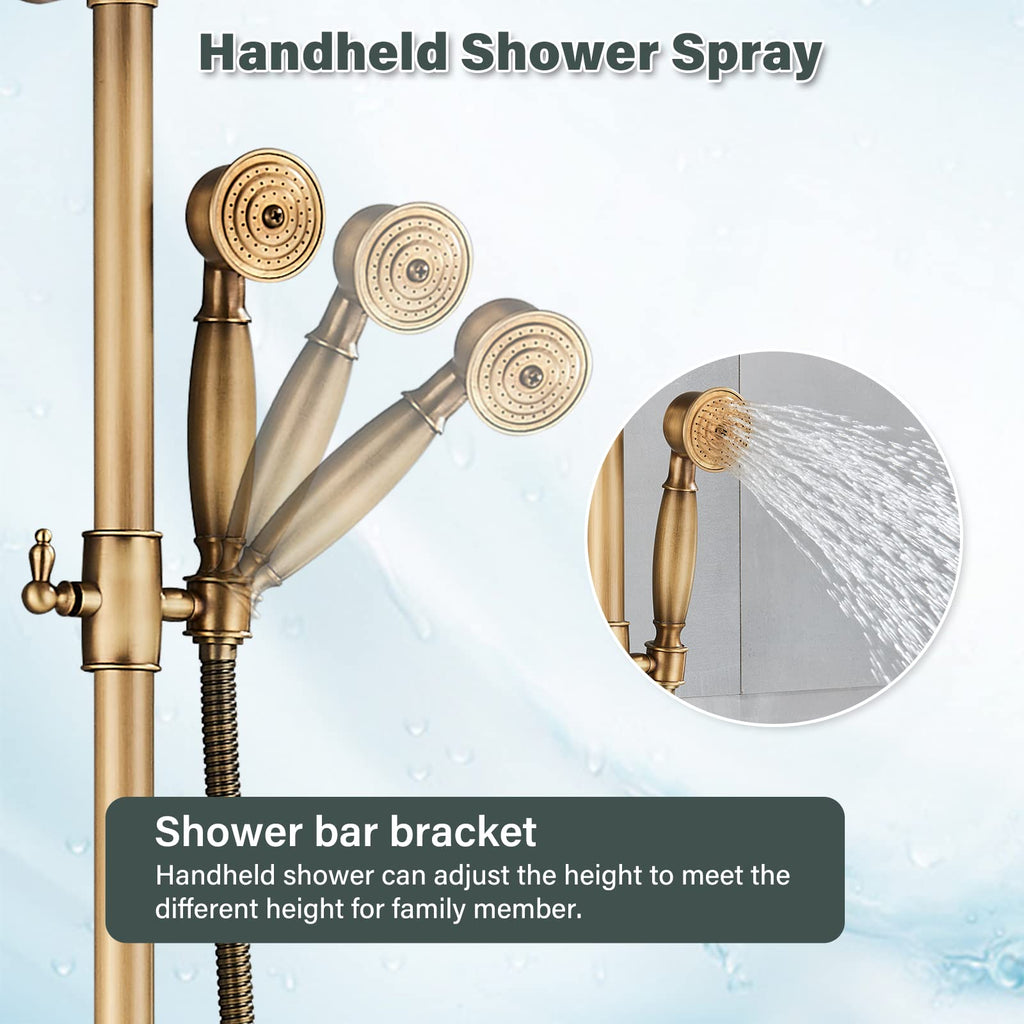 Antique Brass Bathroom Shower Faucet System Set 8 Inch Rainfall Shower Head Handheld Spray 2 Knobs Mixing