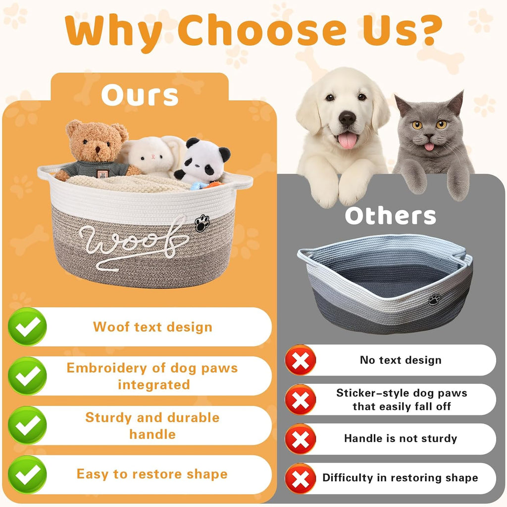 30L Woof Dog Toy Basket with Handles, Large Dog Toy Storage Bin with Paw Print, Woven Dog Basket for Blankets, Toys