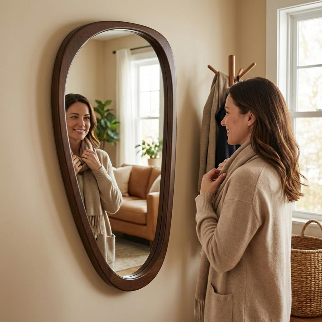 48x24 Inch Dark Walnut Large Irregular Solid Wood Wall Mirror