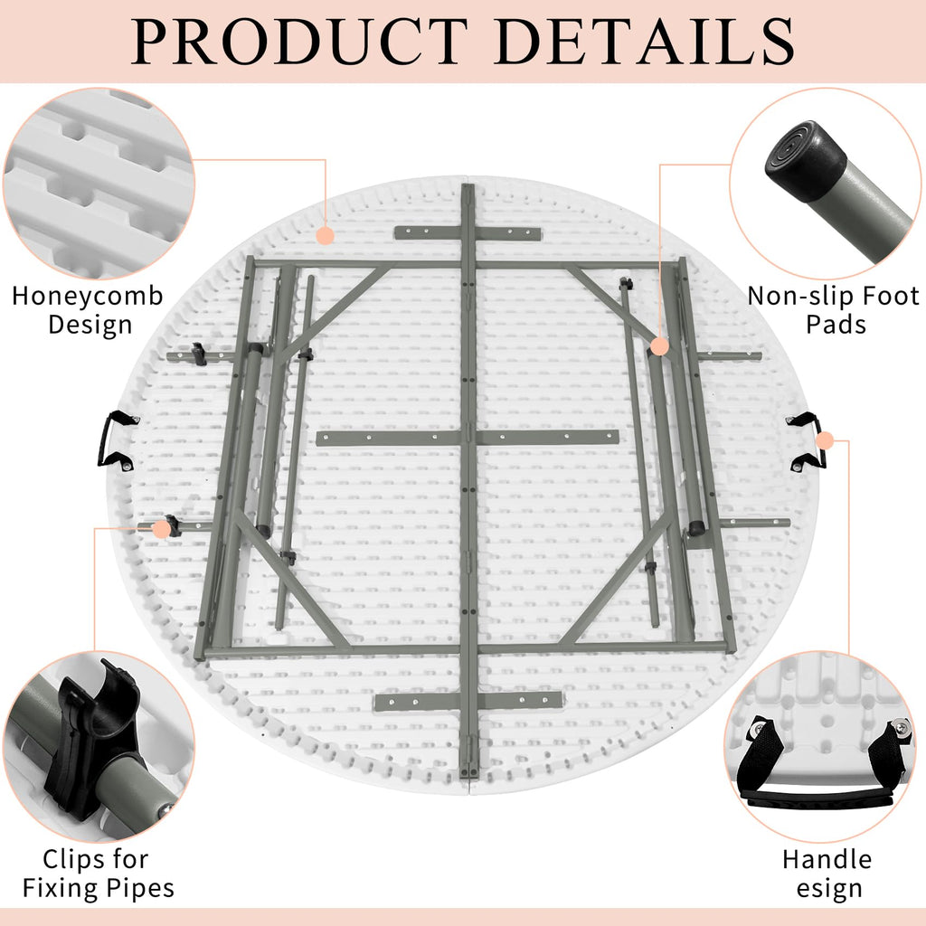 4 FT Round Folding Tables with Carrying Handle Lightweight Portable Plastic Commercial Table Steel Legs for Party