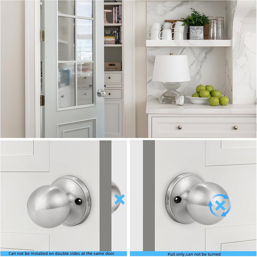 Brushed Nickel Dummy Door Knobs, Interior Single Sided Door Knob for Closet and Hallway Doors, Keyless Non-Turning