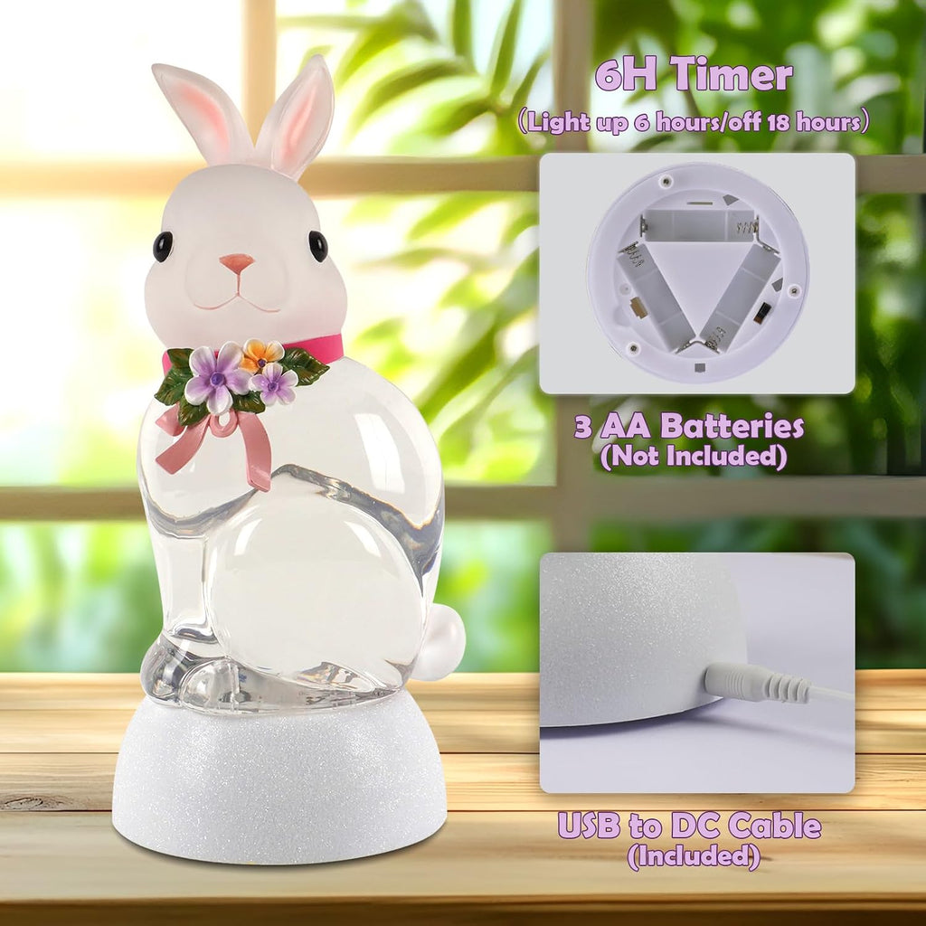 Spring Rabbit Snow Globe Lantern, Rabbit Snowglobe Decor with Swirling Glitter, 6H Timer, USB or Battery Powered