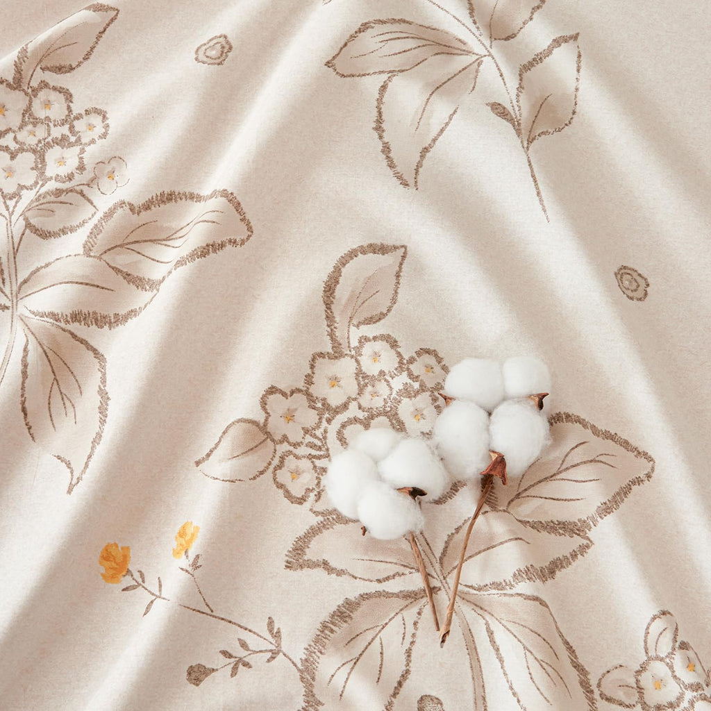 Cream Floral Bed Sheets Set 100% Cotton Percale Sheets Farmhouse Flower Printed Beige Vintage Cottage Bedding