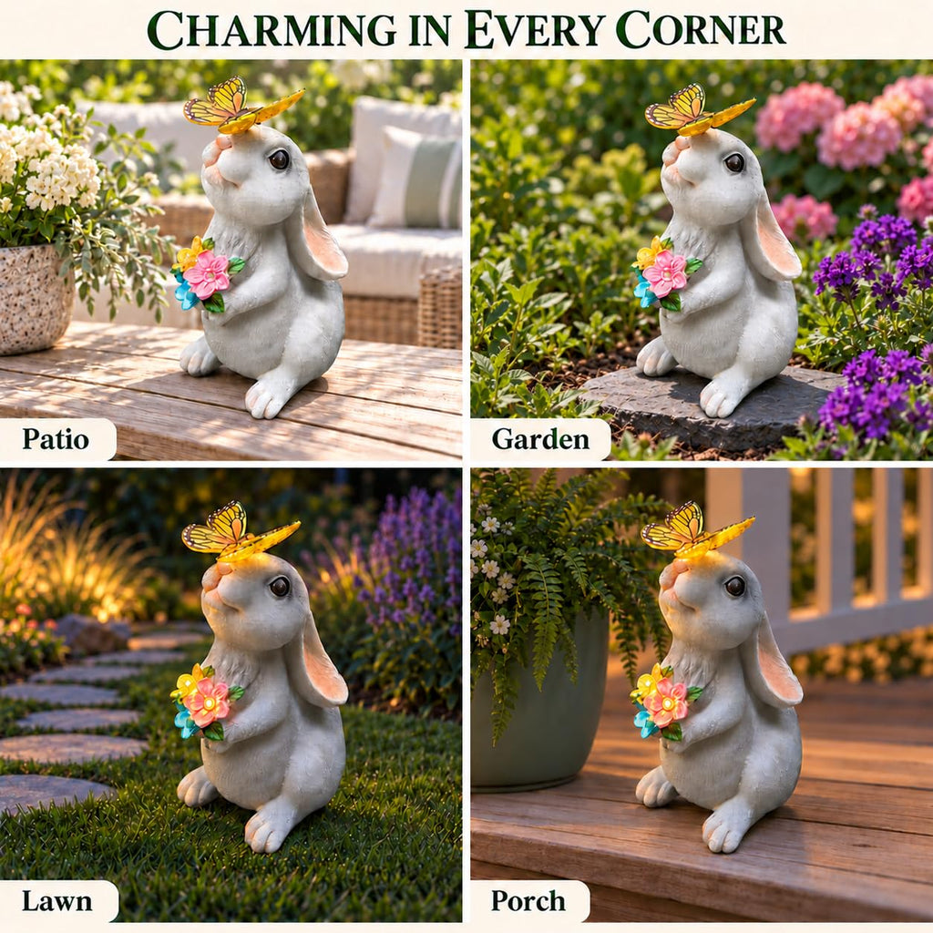 Solar Garden Statues Outdoor Decor Bunny with Butterfly and Flower