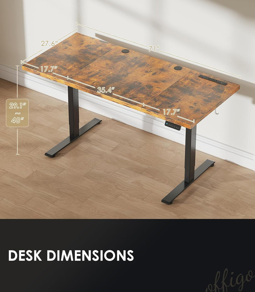 71" Executive Electric Standing Desk Height Adjustable, Rustic Brown | 1.38" Thick 3-Panel Desktop, Power Outlets, 3
