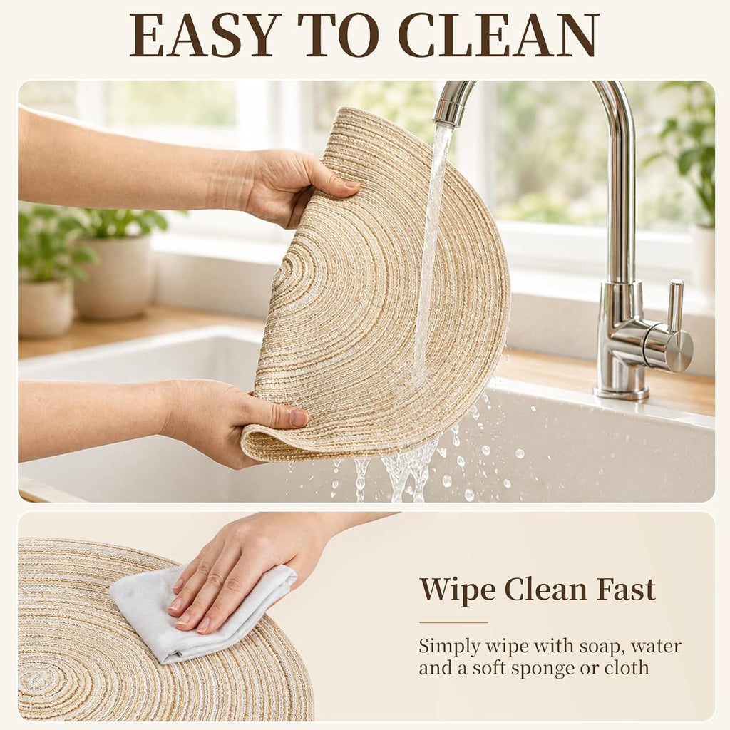 Round Placemats, 15 in Washable Woven Placemats Heat Resistant Cotton Polyester Braided Table Mat, Non-Slip - Set of 4