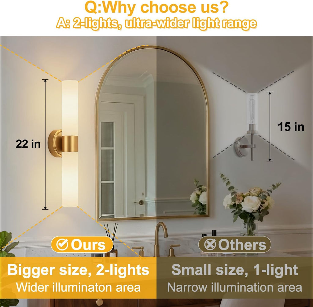 Hardwired Wall Sconces Set of Two, Modern Bathroom Sconces Wall Lighting with Milky White Glass, Brushed Gold Sconces
