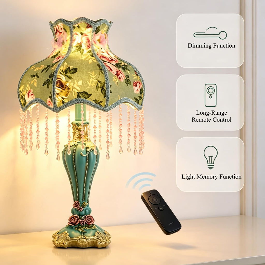 Dimmable Green Victorian Table Lamp Floral Fabric Shade