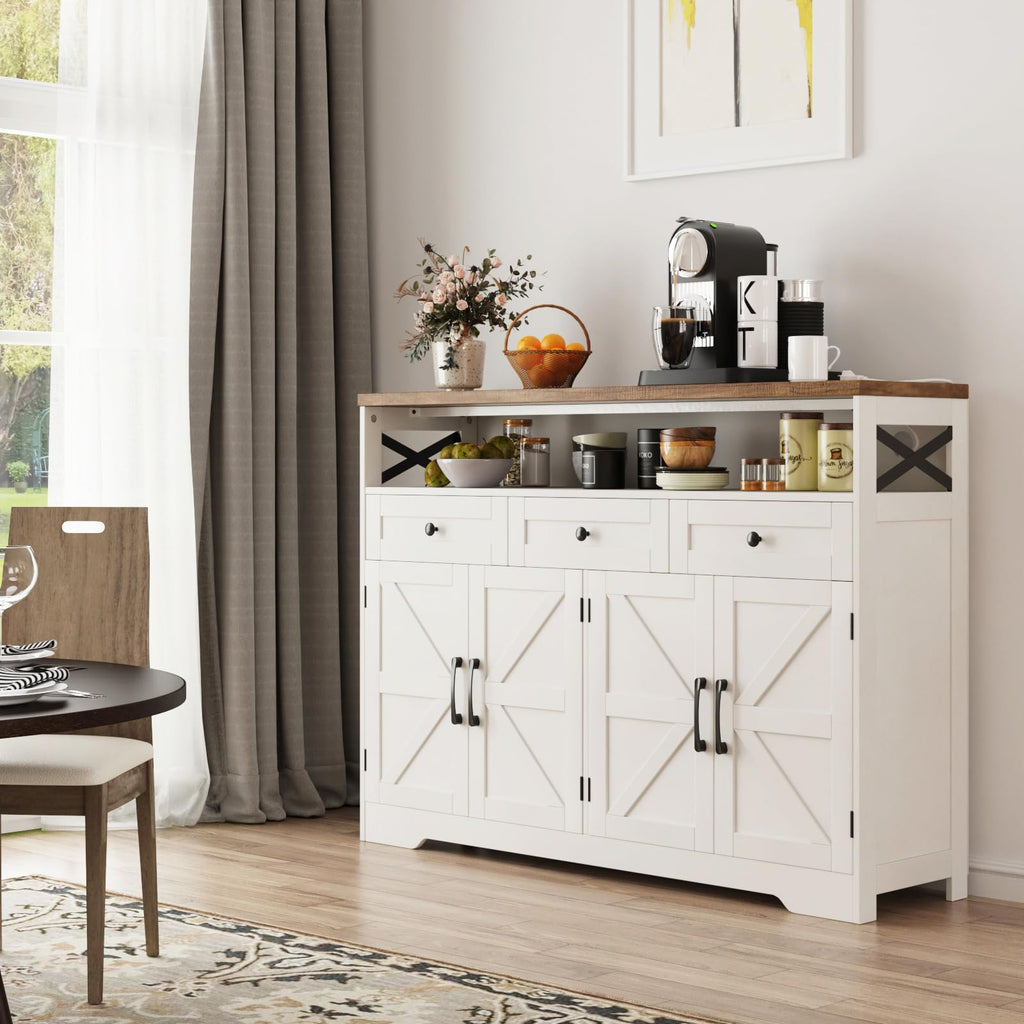 Farmhouse Buffet Cabinet with Drawers & Open Shelf, Sideboard