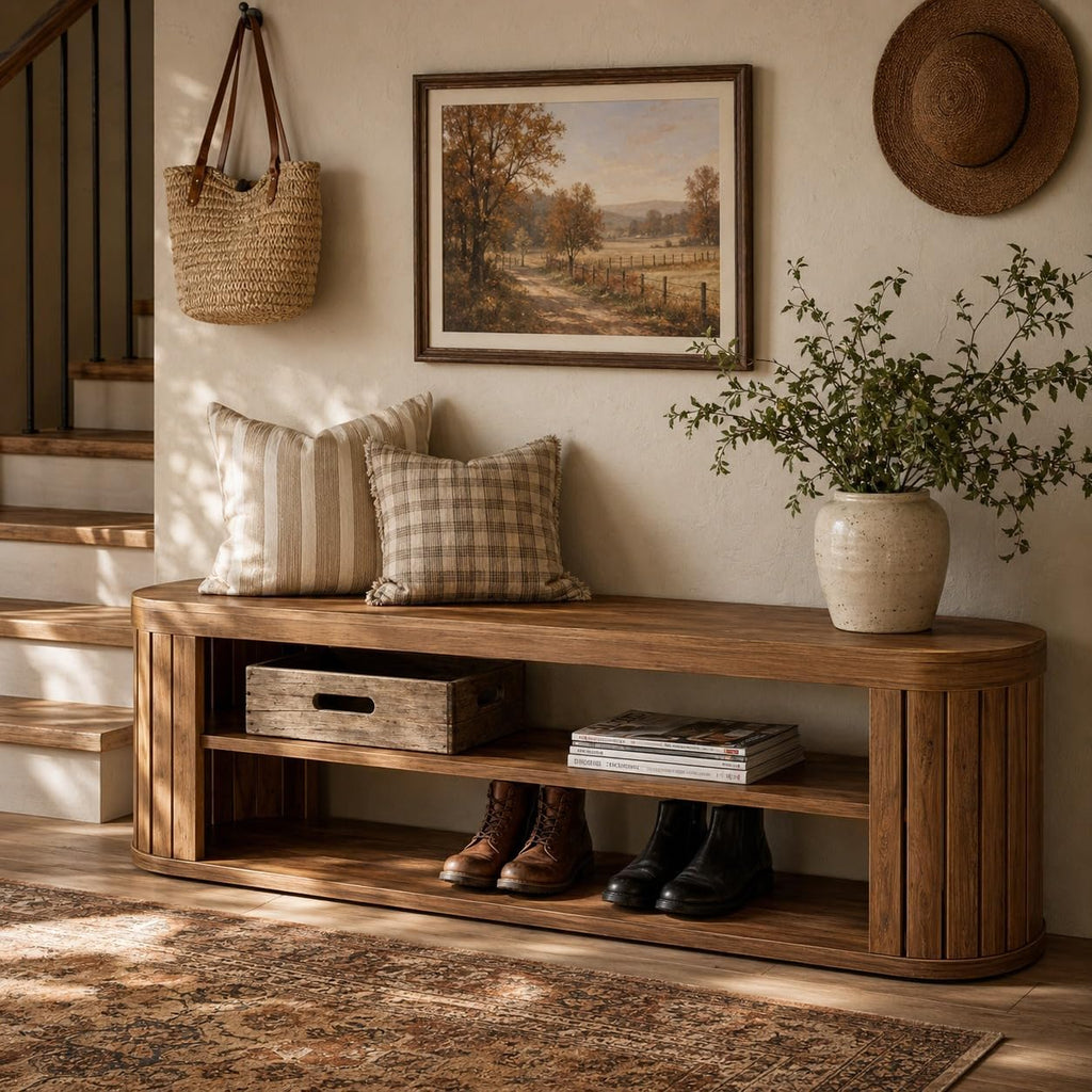 47.2 in. 3-Tier Entryway Bench with Shoe Storage,Farmhouse Wooden Foyer Bench with Adjustable Foot Pads,End of Bed