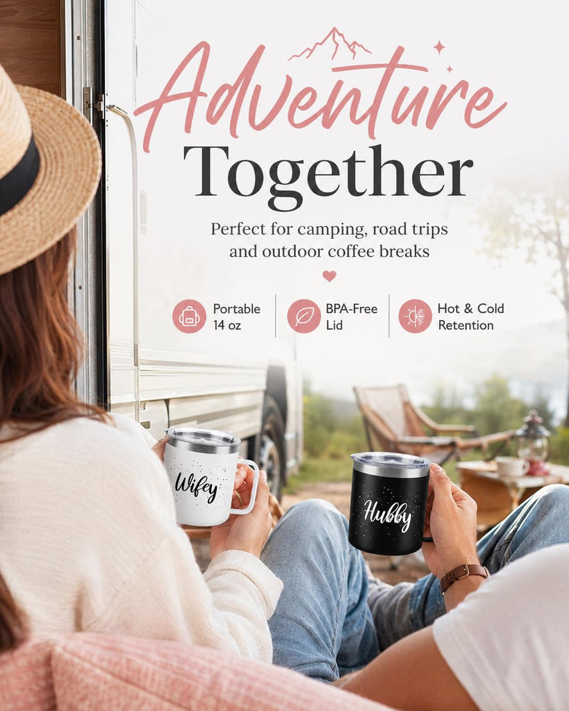 Hubby Wifey Mugs Set, Couple Coffee Mugs-Insulated Coffee Mug with Handle, 14oz Tumbler Set 2 Pack, Wedding Gifts for