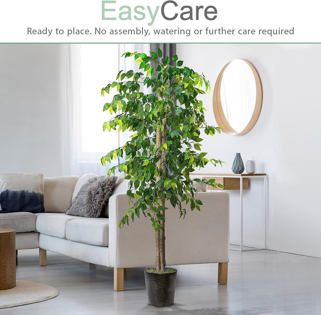 Deluxe 6ft Artificial Ficus Tree in Planter - High End Realistic Silk Tree, Real Wood -Tall Indoor Faux Floor Plant