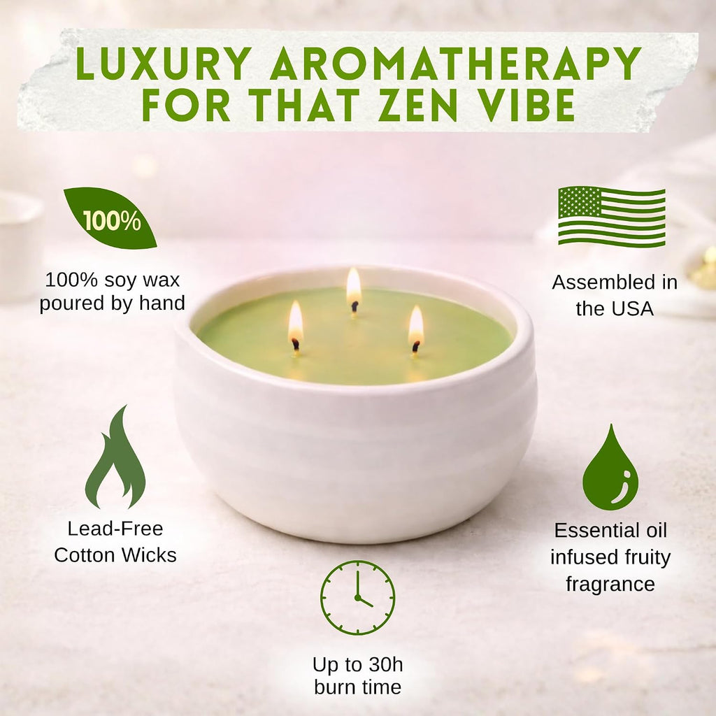 Green Tea Candle - Small 4.25x2.5 Decorative Matcha Scented Candles, Sandalwood Jasmine Aromatherapy for Men or