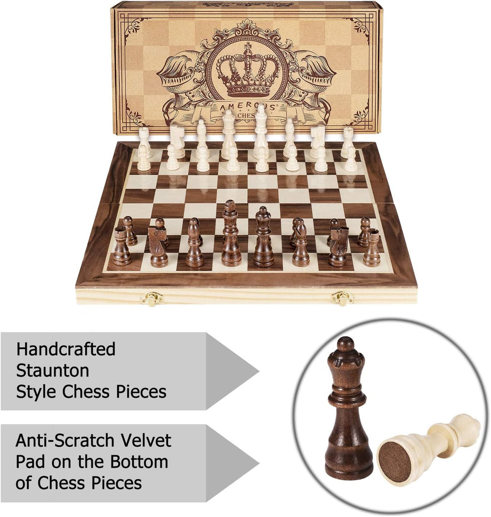 Inches Magnetic Wooden Chess Set - 2 Extra Queens - Folding Board - Pieces Storage Slots, Handmade Portable Travel - Set of 32