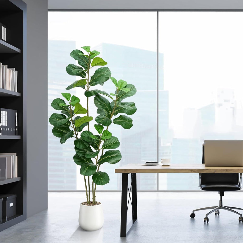 Faux Fiddle Leaf Fig Tree 5ft with White Planter 4 Trunk Fake Plants in Pot