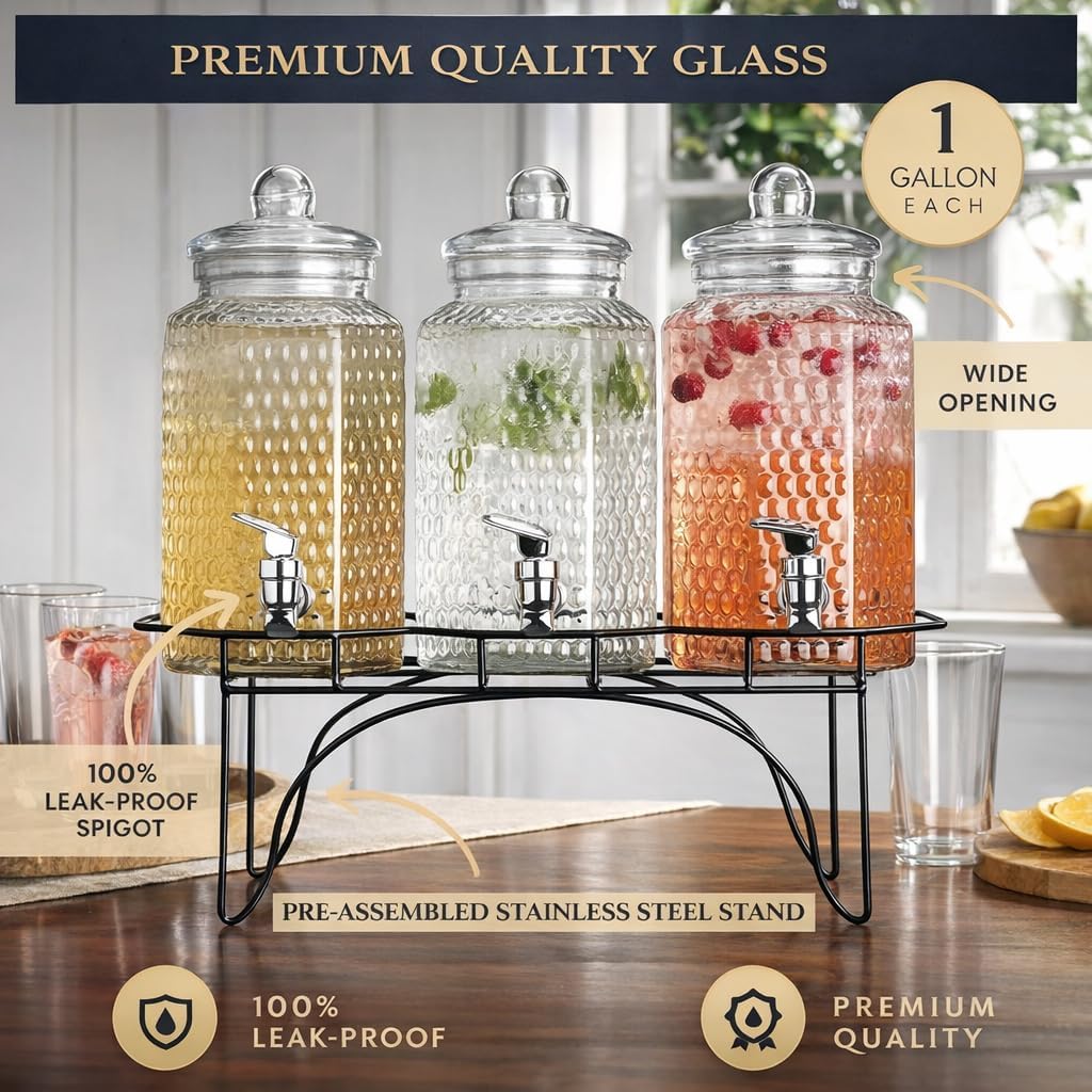 Drink Dispenser - Beverage Dispenser with Stand - for Lemonade, Juice, Water, Iced Tea, Punch - 1-Gallon - Set of 3