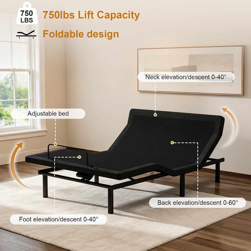 Queen Adjustable Bed Frame with Mattress, Electric Bed Base with Head and Foot Lift, Head-Pillow-Tilt, Under-Bed LED