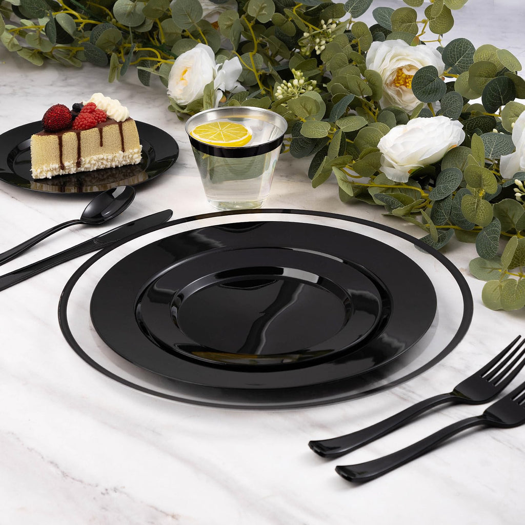 100 Pack 12 Inch Clear Charger Plates with Black Rim