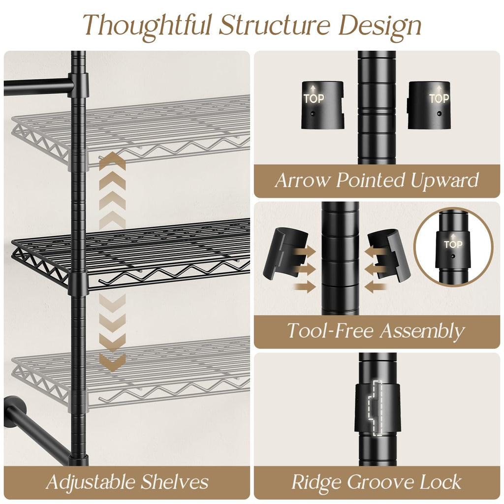 Closet Organizers Wall Mounted Closet System, 4-Row Heavy Duty Garment Clothes Rack, Industrial Pipe Clothing Rack