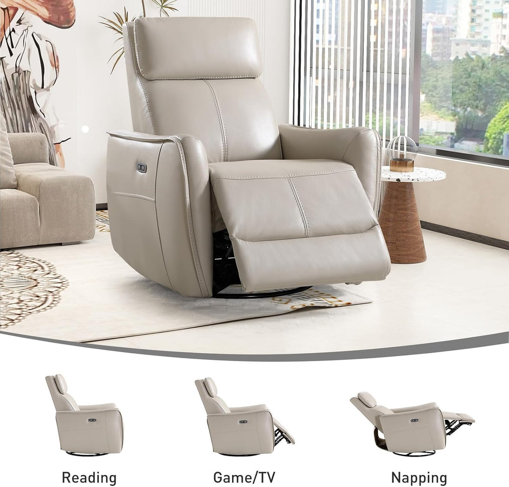 Power Swivel Rocker Recliner Chair with USB Port, Wide Seat, Head & Lumbar Support, Upholstered Glider Chair , Silver