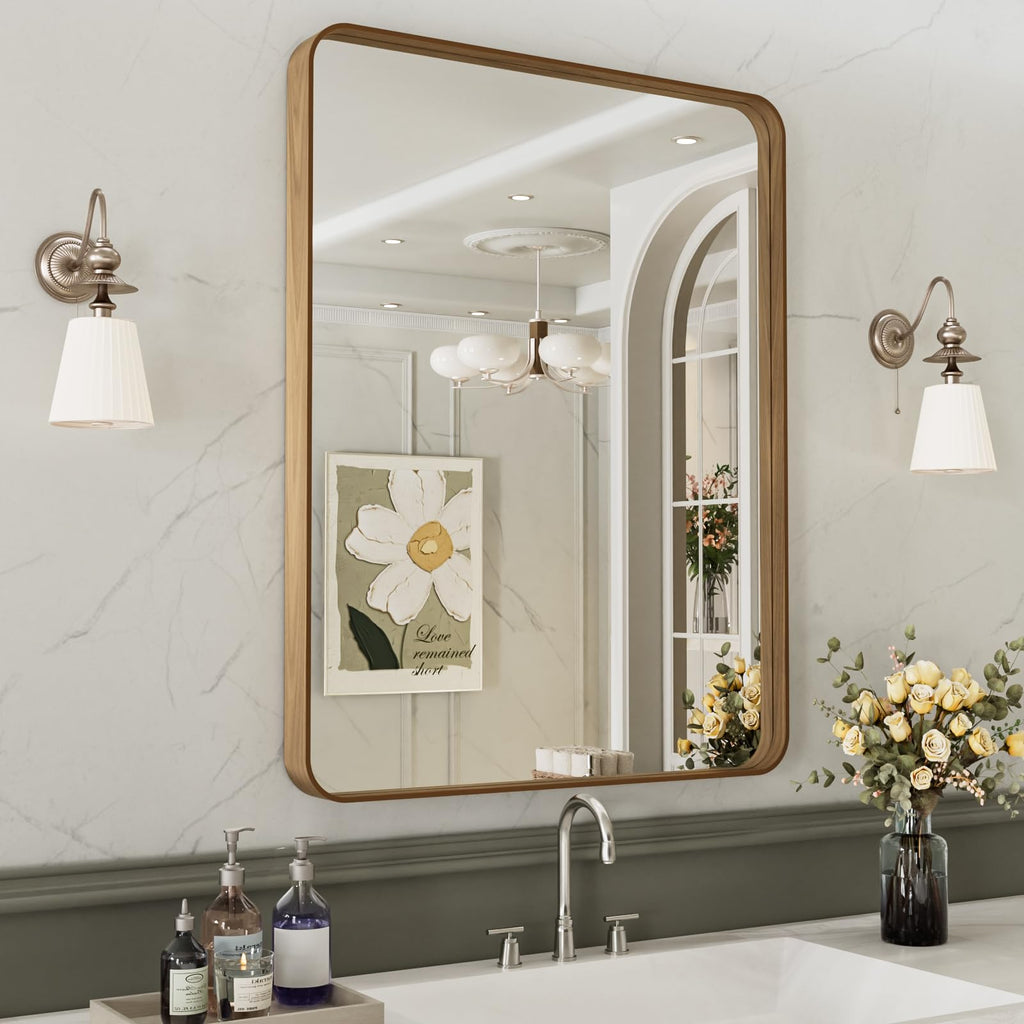 24X32 Inch Bathroom Mirror with Wood Grain Colored Metal Frame, Rounded Rectangle Metal Framed Bathroom Mirror