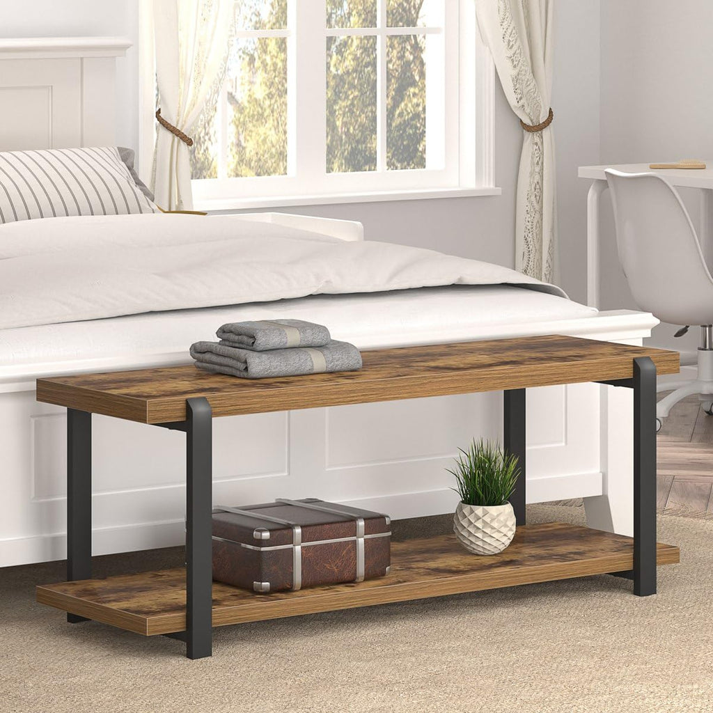 Entryway Bench, Industrial Shoe Storage Bench Bedroom, Rustic Brown